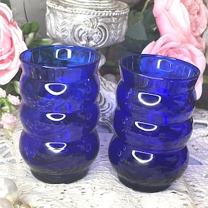 Cobalt Blue Depression Glass Tumblers 4” PAIR! Louie Glass , Harpo, 1930s, Bee Hive.