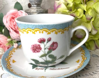 ROSA Indica dichotoma Oversized Cup & Saucer ,Kent  Pottery Godinger Pink Roses with Aqua, Gold