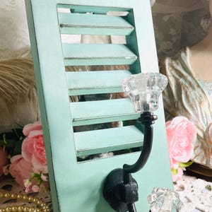 Cottage Slatted Shutter WALL HOOK, Aqua, Double Crystal Knobs Hat Hook, Coat Hook
