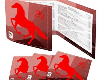 May include: Red horse design wallet and matching coasters. The wallet is open, revealing an interior with printed text. The horse design is a silhouette with the Chinese character for horse. The coasters have the same design.