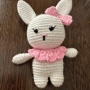 Handmade Amigurumi Bunny – White Crochet Rabbit with Pink Bow – Baby Gift Plush Toy