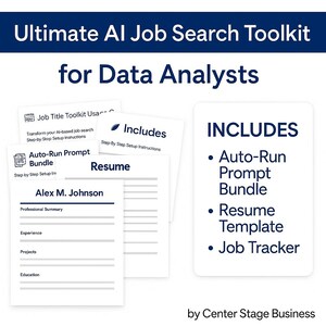May include: Image of a job search toolkit for data analysts. The image includes documents labelled "Job Title Toolkit," "Auto-Run Prompt Bundle," and a resume template. The toolkit includes an auto-run prompt bundle, a resume template, and a job tracker.