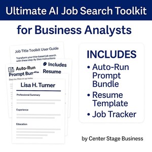 Puede incluir: Gráfico blanco con el texto "Ultimate AI Job Search Toolkit for Business Analysts". El gráfico incluye una lista de elementos: Auto-Run Prompt Bundle, Resume Template y Job Tracker. También se incluye un ejemplo de currículum.