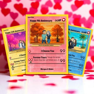 Tarjeta coleccionable de aniversario personalizada: regalo personalizado para pareja con nombre y mensaje. Bonita tarjeta estilo anime para él o ella. Recuerdo de "Te amo".