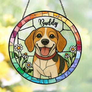 Personalized Dog Acrylic Suncatcher – Custom Pet Name Window Hanging – Rainbow Beagle Decor Gift for Dog Lovers, Pet Memorial or Birthday