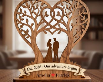 Personalized Wooden Couple Tree Heart Decor with Names & Date, Custom Wedding Anniversary Engagement Valentine’s Day Gift, Rustic Love Sign