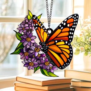 Acrylic Monarch Butterfly Suncatcher: Purple Flower Window Decoration