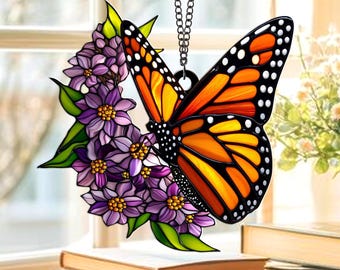 Monarch Butterfly Flower Moon Suncatcher, Purple Floral Acrylic Window Hanging, Crescent Moon Nature Decor Gift for Butterfly Lovers