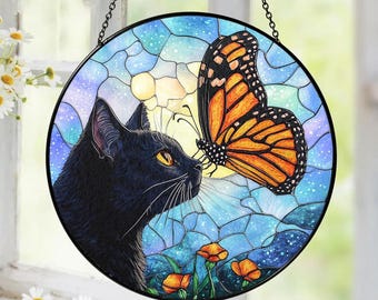 Stained Glass Black Cat Suncatcher, Butterfly Wildflower Window Hanging, Cat Lover Gift, Nature Animal Sun Catcher Decor