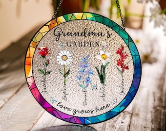 Personalized Grandma’s Garden Stained Glass Suncatcher,Custom Birth Flower Window Hanging, Grandma Gift, Family Flower Keepsake, Nana's Gift