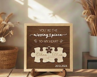 Personalized Couple Puzzle Wooden Sign, Missing Piece Flower Decor, Custom Anniversary Gift for Him Her, Valentine's Day Keepsake