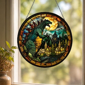 Godzilla Suncatcher Stained Glass Style Window Hanging, Kaiju Monster Decor, Anime Fan Gift, Unique Sun Catcher Home Window Art