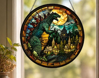 Godzilla Suncatcher Stained Glass Style Window Hanging, Kaiju Monster Decor, Anime Fan Gift, Unique Sun Catcher Home Window Art