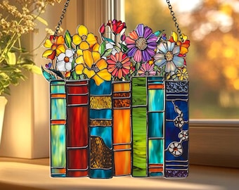 Books and Flowers Acrylic Suncatcher: Colorful Window Decoration