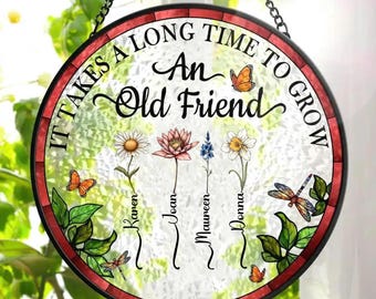 Personalized Friendship Stained Glass Suncatcher, Custom Birth Flower Friend Gift, Best Friend Window Hanging, Long Time Friend Keepsake