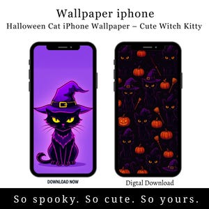 May include: Two iPhone screens showcasing Halloween wallpapers. One features a black cat in a witch's hat on a purple backdrop. The other displays black cats, pumpkins, and hats on a dark background. Text reads "So spooky. So cute. So yours."