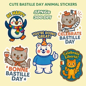 Bastille Day Animal Stickers: Kawaii French Celebration PNGs (Digital Download
