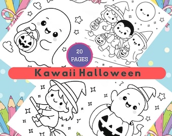 May include: A digital download coloring book titled "Coloring Pages for Kids" with "Kawaii Halloween" illustrations. The black and white drawings feature ghosts, witches, and pumpkins. The download is 8.5" x 11" and contains 20 pages.