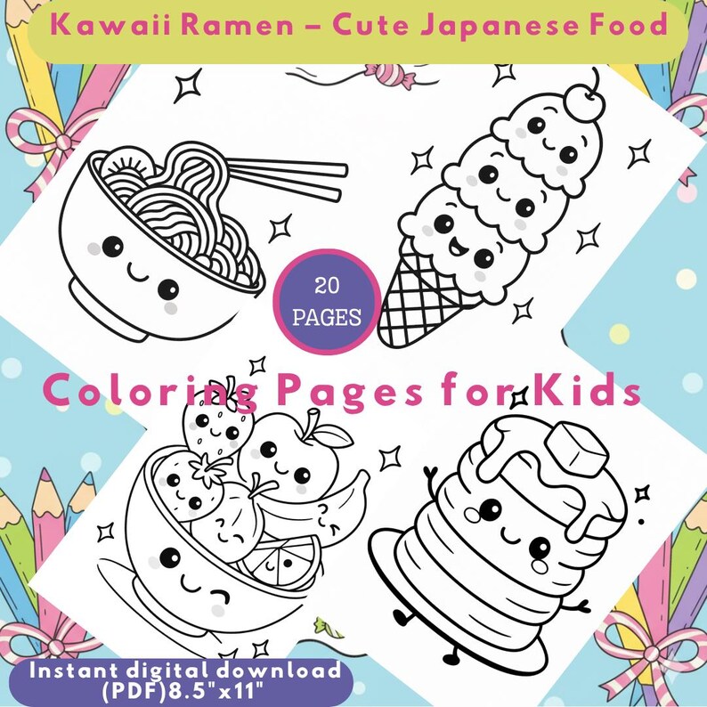 Kawaii Ramen Coloring Page for Kids – Cute Japanese Food | Digital