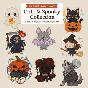 Embroidered Halloween Clipart: Kawaii Ghost, Witch, Bat PNG Set (300 DPI, Digital Download)