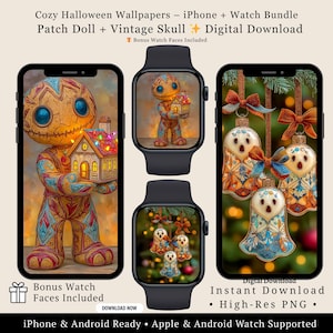 May include: Digital download bundle featuring Halloween-themed wallpapers for iPhone and Apple Watch. Includes images of a patch doll, vintage skull, and ghost ornaments. The bundle includes bonus watch faces and is high-resolution.