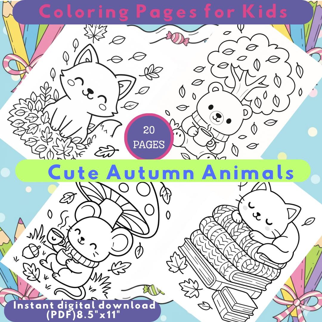 Kawaii Herbst Ausmalbilder für Kinder – Herbst Tiere & Blätter (PDF