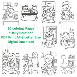 Pode incluir: Desenhos a preto e branco de 10 páginas para colorir que retratam a rotina diária de uma criança. As cenas incluem tomar o pequeno-almoço, escovar os dentes, vestir-se e ir para a cama. O texto diz "10 páginas para colorir Rotina diária PDF Print A4 & Letter Size Digital Download."