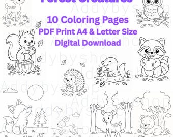 Dibujos para colorear de animales del bosque para niños: 10 láminas del bosque (descarga digital)