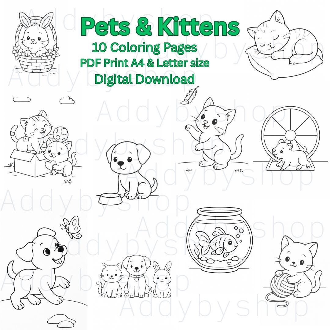 Pets & Kittens Coloring Pages for Kids | 10 Cute Animal Designs | A4 ...