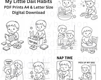 Pode incluir: Download digital em preto e branco de 10 páginas para colorir. As páginas apresentam ilustrações de hábitos diários, incluindo lavar as mãos, calçar os sapatos e a hora da soneca. O texto inclui "My Little Dail Habits" e "Digital Download."