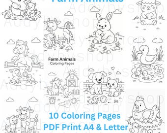 Puede incluir: Dibujos lineales en blanco y negro de animales de granja, incluyendo un cerdo, una vaca, una oveja, un caballo, un pato, un perro, un gato y una gallina. También está presente el texto "Farm Animals Coloring Pages" y "10 Coloring Pages PDF Print A4 & Letter Digital Download".