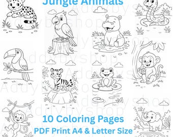 Desenhos para colorir de animais da selva: tema Safari na floresta tropical (PDF para impressão)