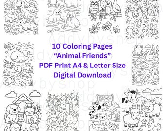 Animal Friends Coloring Pages: Farm, Jungle, Ocean, Pets, Dinosaurs (A4 & US Letter PDF)