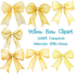 Yellow Bow Clipart PNG, Yellow Bow Clipart Digital Download, Watercolor Ribbon Clip Art Instant Download