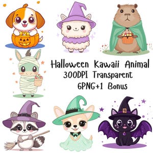 Kawaii Halloween Animal Clipart Bundle: Witch Cat, Dog, Llama (PNG Digital Files)