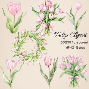 Pink Tulip Watercolor Clipart Bundle: Floral Bouquet, Wreath (PNG Digital Download, Commercial Use)