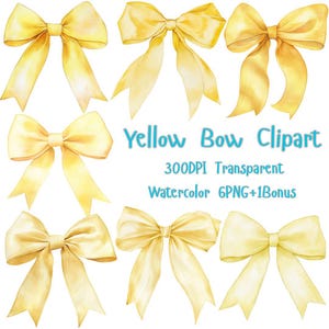 Yellow Bow Clipart Watercolor PNG Set, Pastel Ribbon Digital Download, Hand Painted Yellow Bow Printable Graphics for Crafts and Invitations