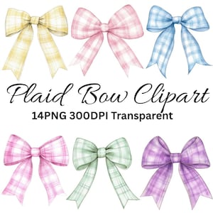 Watercolor Plaid Bow Clipart: 14 PNG Digital Scrapbooking Designs (300DPI)
