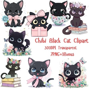 Chibi Black Cat PNG Clipart Bundle: Kawaii Stickers, Sublimation (Digital Download)