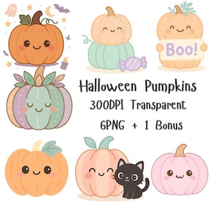 Kawaii Kürbis Clipart Bundle: Pastell Halloween PNG Grafiken (Digitaler Download