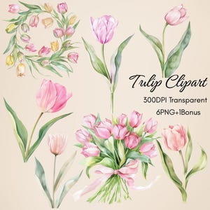 Watercolor Tulip Clipart PNG: Pink & Yellow Floral Bouquet (Digital Download)