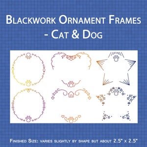 Puede incluir: Seis marcos de adorno en blackwork para bordado con motivos de gato y perro. Los marcos son de varias formas, incluyendo círculos, estrellas y una casa. Los marcos miden aproximadamente 2,5 pulgadas por 2,5 pulgadas.