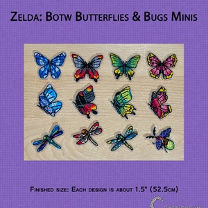 May include: A set of 12 cross-stitch patterns featuring butterflies and bugs from the Legend of Zelda: Breath of the Wild video game. Each pattern is about 1.5 inches in size.