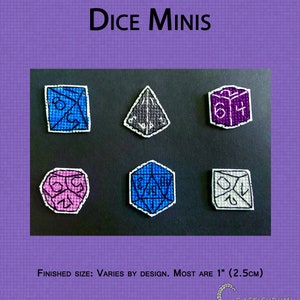 May include: Six miniature dice in various colours and designs, including a purple d4, a blue d6, a pink d8, a blue d10, a grey d12, and a white d20. The dice are approximately 1 inch in size. Finished size: Varies by design. Most are 1" (2.5cm).