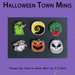 May include: Six small cross-stitch patterns featuring characters from the movie "The Nightmare Before Christmas". The patterns include Jack Skellington, Sally, Oogie Boogie, Zero, the Pumpkin King, and the Mayor. Finished size: Varies by design. Most are 1" (2.5cm).