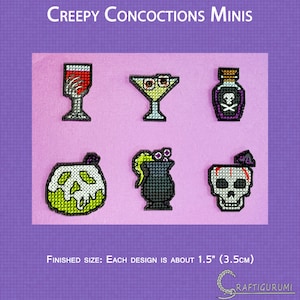 May include: Six mini cross-stitch patterns for Halloween-themed drinks. The patterns include a glass of wine with a bloody hand, a martini glass with eyeballs, a potion bottle with a skull and crossbones, a pumpkin with a skull face, a cauldron with a green potion, and a skull with a straw and a hat. Each design is about 1.5 inches (3.5 cm) in size.