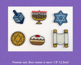 May include: Six colorful cross-stitch patterns for Hanukkah, each measuring 1.5 inches (3.5 cm). The designs include a dreidel, menorah, Star of David, a coin with a Star of David, a sufganiyot, and a Torah scroll.