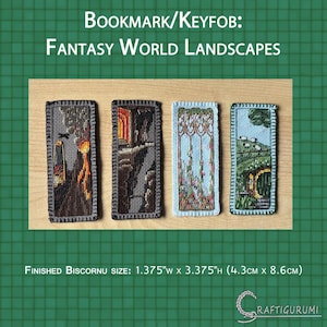 May include: Four embroidered bookmarks with fantasy landscape designs. The bookmarks are rectangular with dark gray borders. The text "BOOKMARK/KEYFOB: FANTASY WORLD LANDSCAPES" is at the top. Each bookmark is 1.375 inches wide and 3.375 inches high.