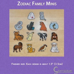 May include: A set of 12 cross-stitch patterns featuring the zodiac animals. Each pattern is about 1.5 inches (3.5 cm) in size. The patterns are displayed on a wooden surface. The text "Zodiac Family Minis" and "Finished Size: Each design is about 1.5" (3.5cm)" is visible in the image.
