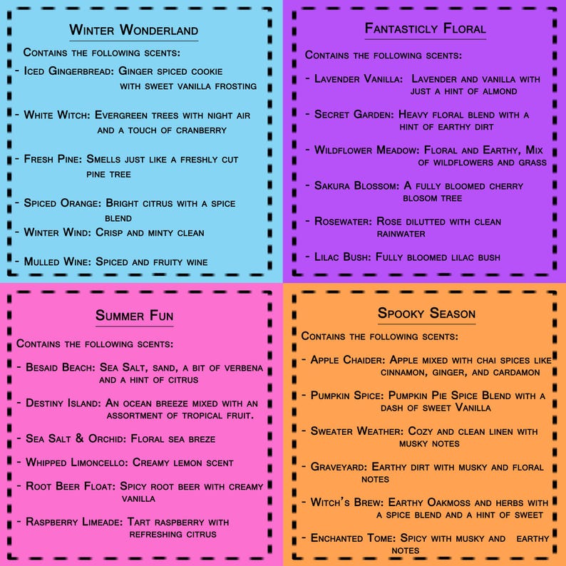 May include: Four colorful squares with white text on a pink, purple, light blue, and orange background. Each square lists a different scent theme: Winter Wonderland, Fantasticly Floral, Summer Fun, and Spooky Season. Each theme lists the scents included in the collection.